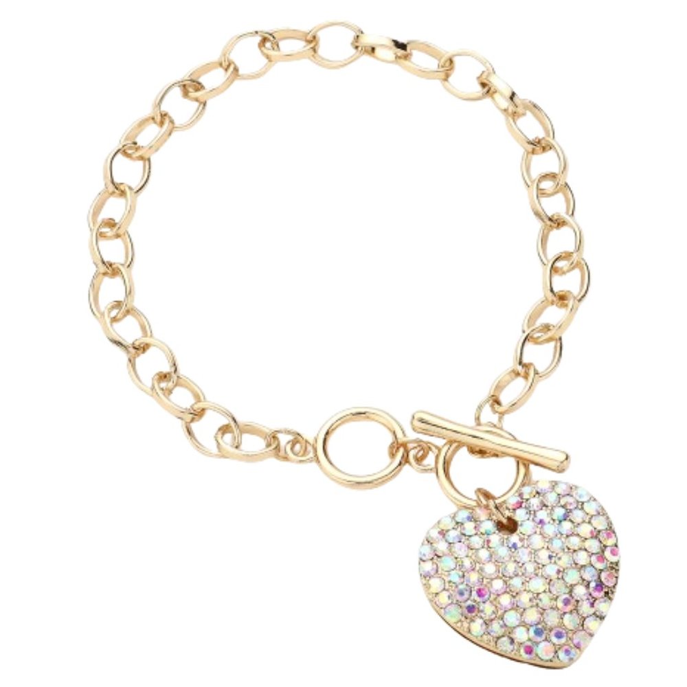 Stone Paved Heart Pendant Metal Toggle Women Bracelet Custom Jewelry